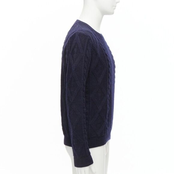 APC Navy Blue 100% Wool Cable Knit Crewneck Sweater Men’s Small Button Shoulder - Picture 10 of 10